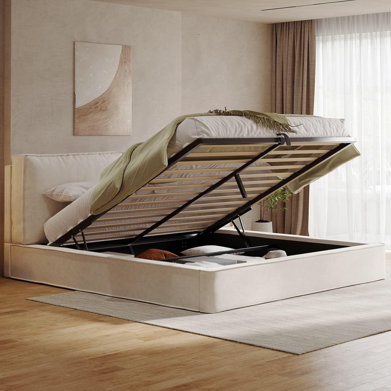 EURHCIO Lit Coffre 180x200cm – Beige-A-Chenille-180, Lit Double Adulte avec Fonctionnel Hydraulique, sans Matelas