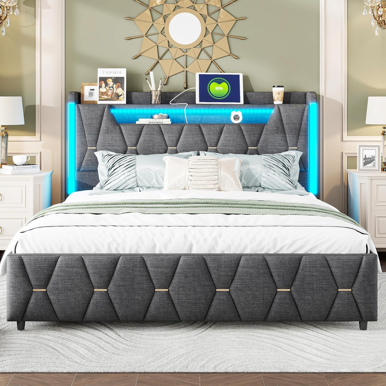 XMETPR Lit Double capitonné 160x200 cm avec éclairages LED – tête de lit avec Rangement et Station de Charge 1 Type-C/2 USB, 4 tiroirs, sans Bruit