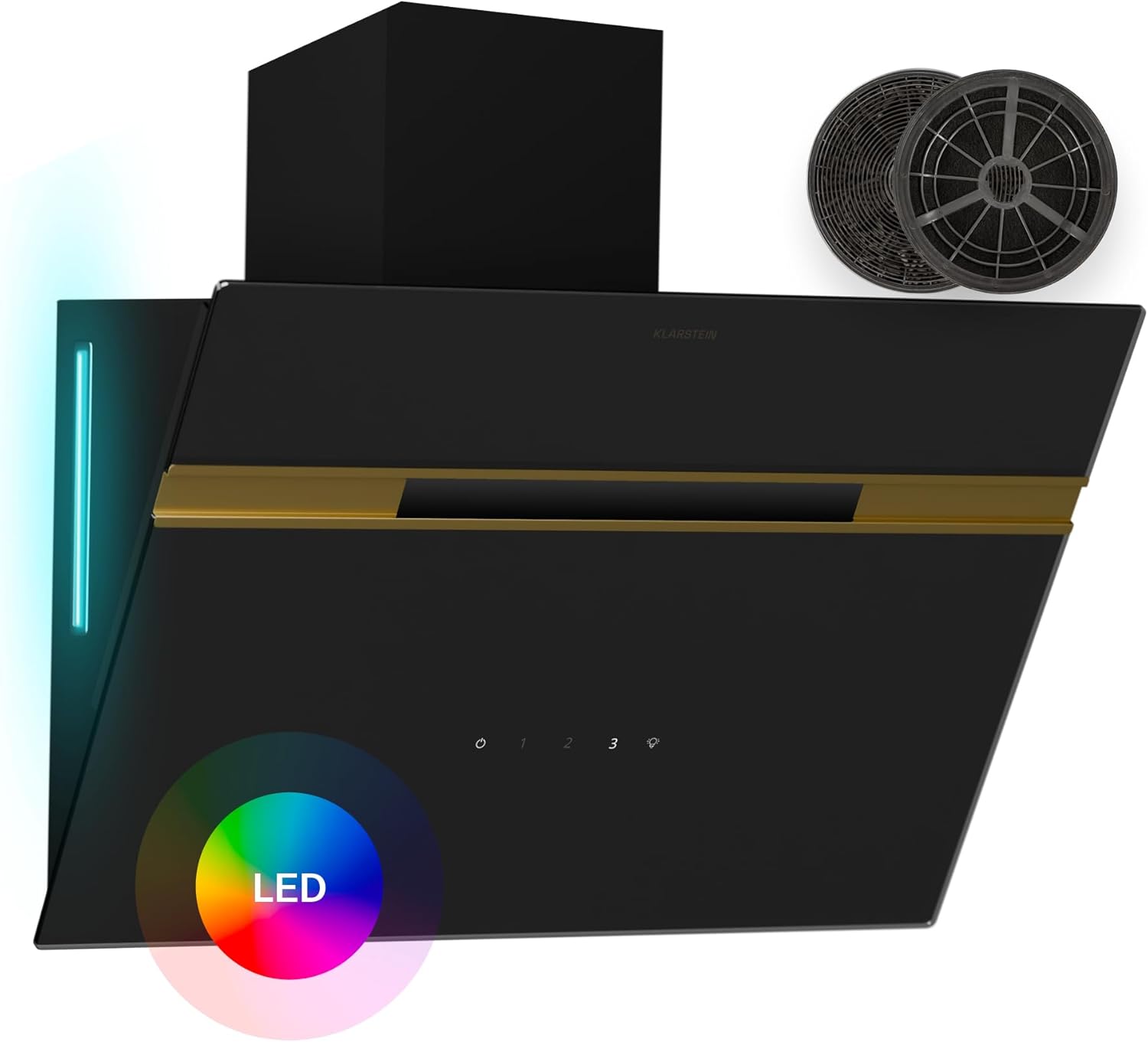 Hottes aspirantes – KLARSTEIN, Alina hotte aspirante - 60 cm hotte murale, 52 dB, éclairage LED 9 couleurs, 600 m3/h, noir-doré, tactile