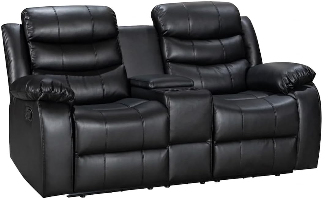 Canapé inclinable 2 places en cuir noir avec porte-gobelet – 185 x 90 x 90 cm, Idéal pour salon et home cinéma