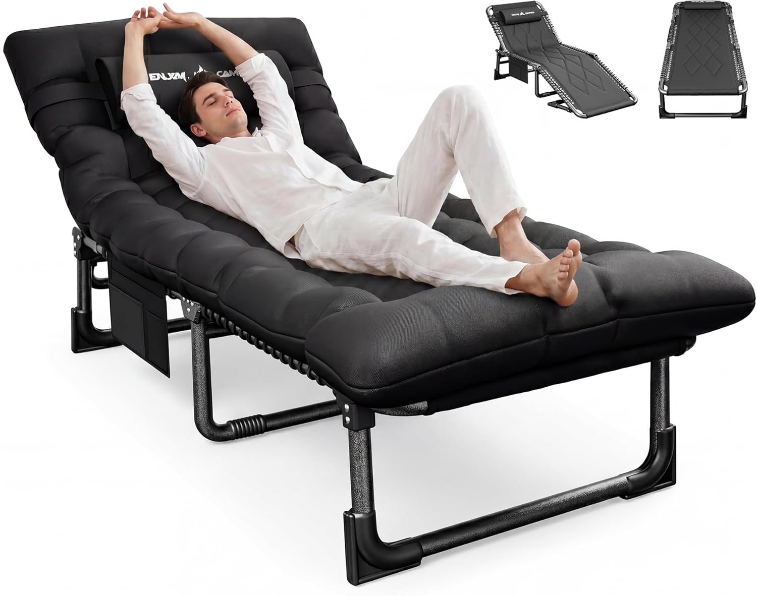 Transat Jardin Extérieur avec Coussin - Bain de Soleil avec Poches Latérales et Appui-tête – UDPATIO, 200x69x34 cm, - Noir