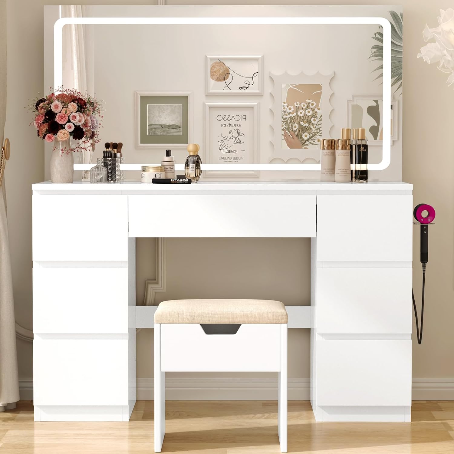 Table de Maquillage Moderne avec 7 Tiroirs – Coiffeuse avec Grand Miroir LED – Coiffeuses, Devoko, 115x60cm, Blanc