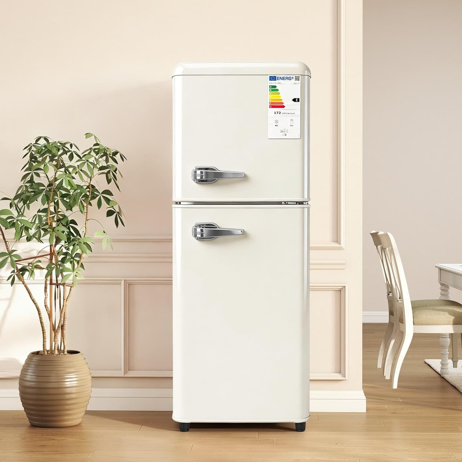 KOMHTOM Réfrigérateur à 2 Porte – Réglage de La Température à 7 Niveaux, éclairage LED, 112L, Blanc, Petit Frigo