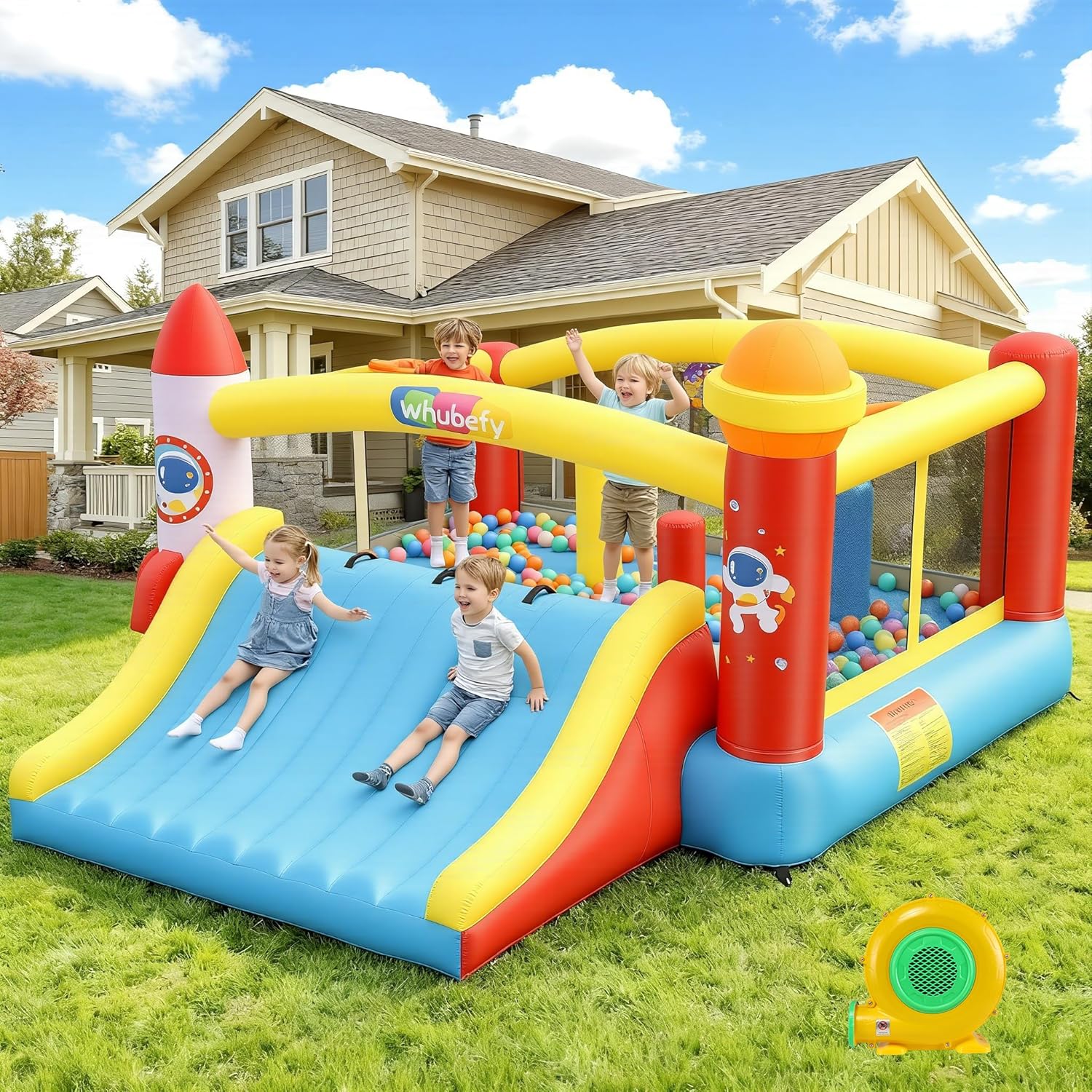 AKEYDIY Grand château Gonflable pour Enfants de 3 à 12 Ans – Grand Toboggan et Grand Trampoline avec souffleur