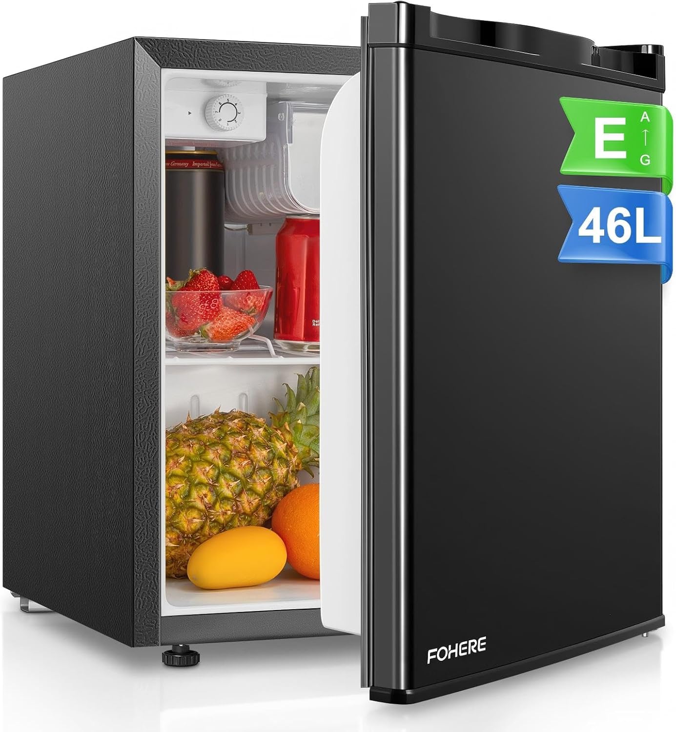 Mini Frigo avec Congélateur – Mini Réfrigérateur 46L, FOHERE, Thermostat Réglable, Noir, Économie d'Énergie, Silencieux