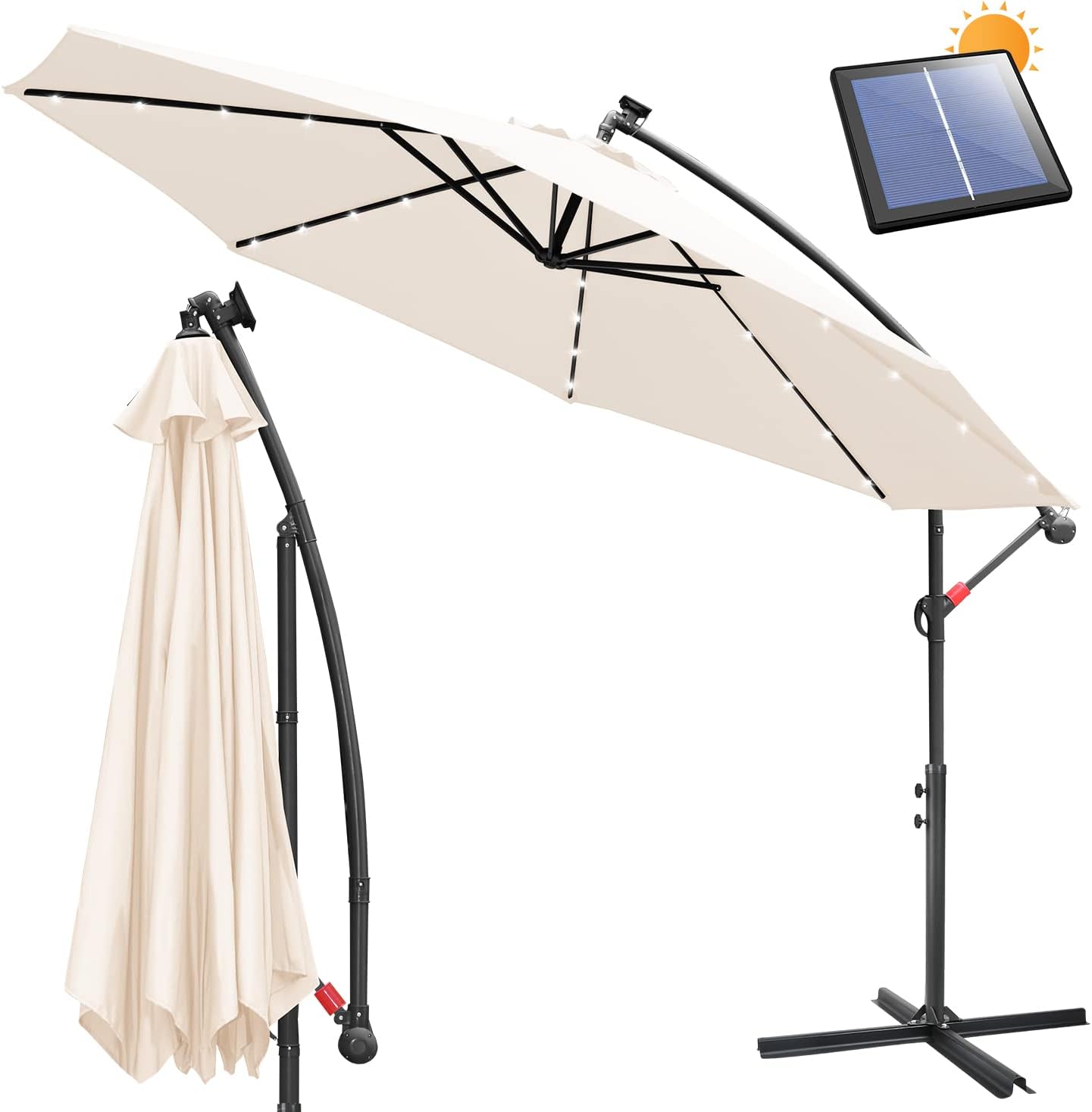 Ikodm Parasol LED beige Ø 350 cm avec manivelle – Ø 350 cm, parasol avec support, Beige avec LED solaire, imperméable