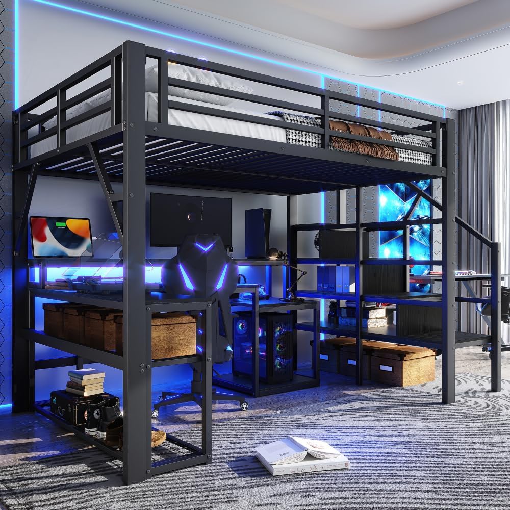 Sapgaks Lit Mezzanine 1 Place Enfant 140 x 200 cm avec éclairage LED et Port USB – lit Mezzanine avec Bureau lit superposé Enfant