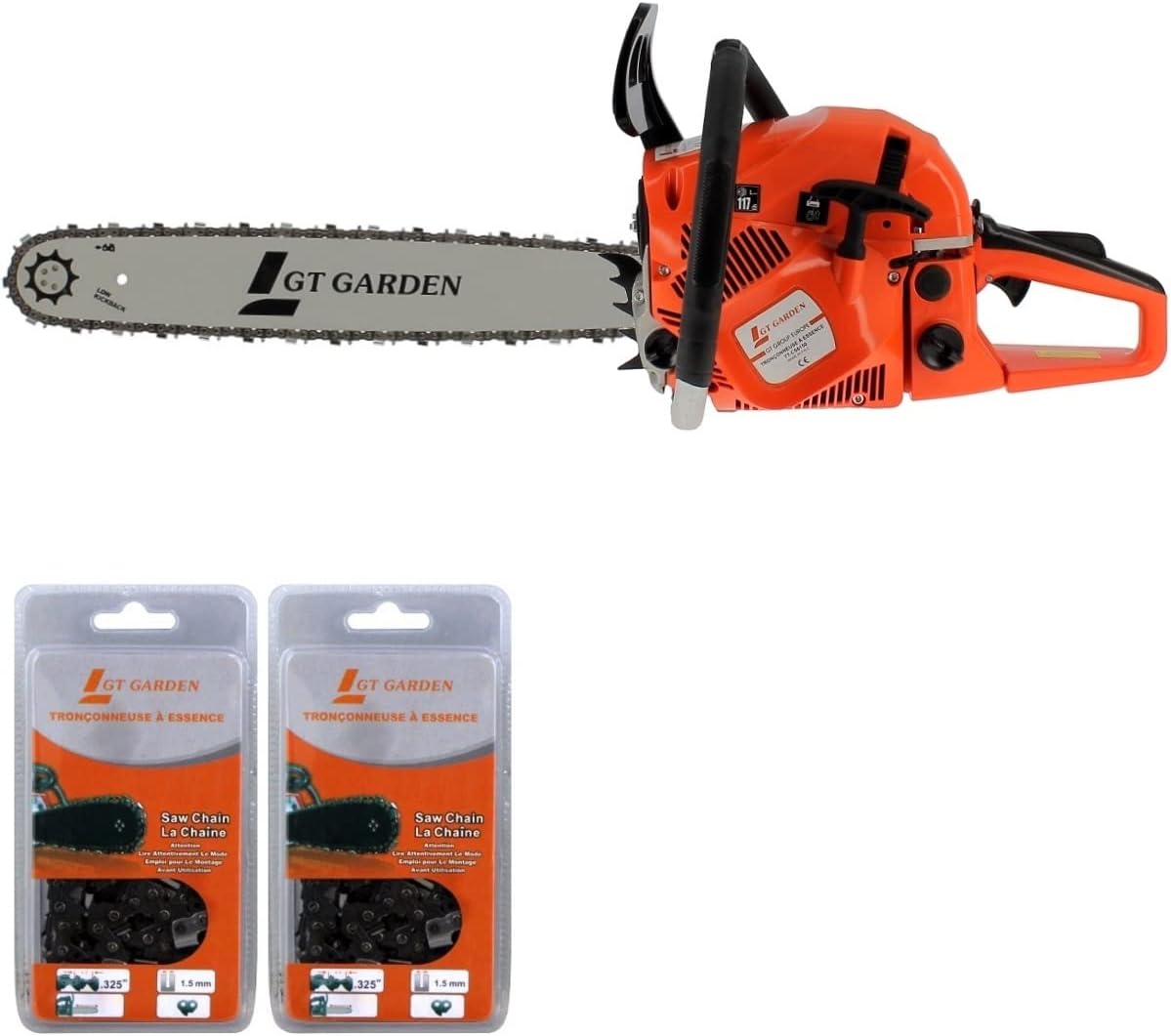 Tronçonneuse Thermique 62 cm3 – Tronçonneuses, GT Garden, Guide 50 cm, 3.5 CV, 2 chaînes, Orange/Noir/Argent