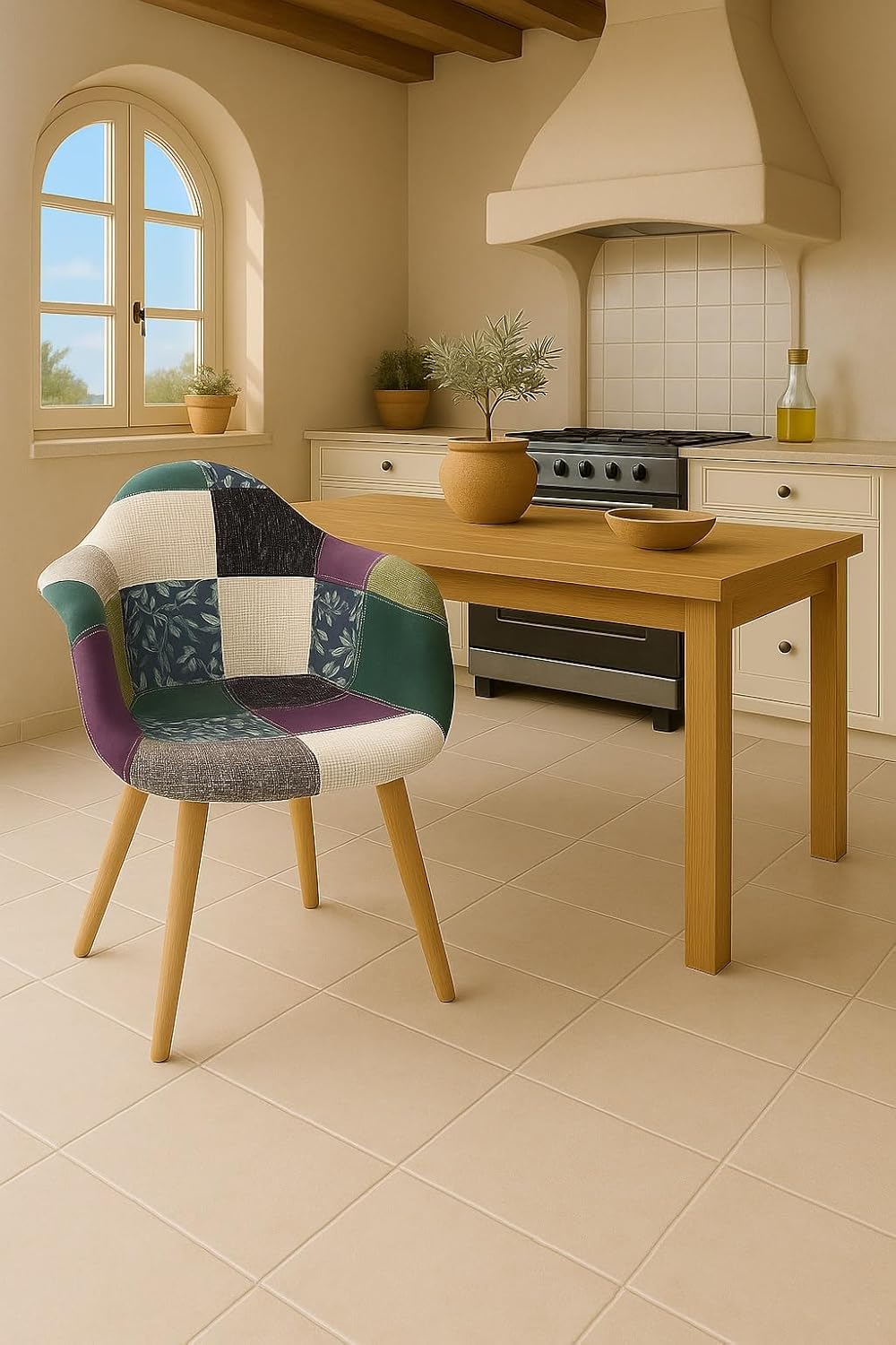 KAYELLES Lot de 2 Chaises Scandinaves rembourrées avec Accoudoirs – NERA, Patchwork méditerranéen, Vert/Bleu/Violet/Beige