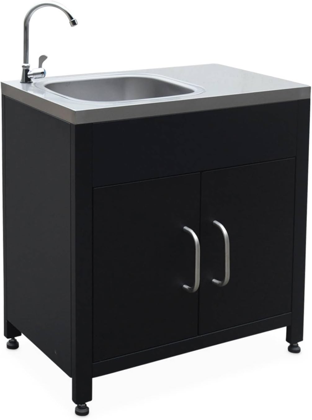Rangements sur pied – Alice's Garden, sweeek - Meuble de cuisine extérieure en acier avec évier L80cm, Noir/Argent