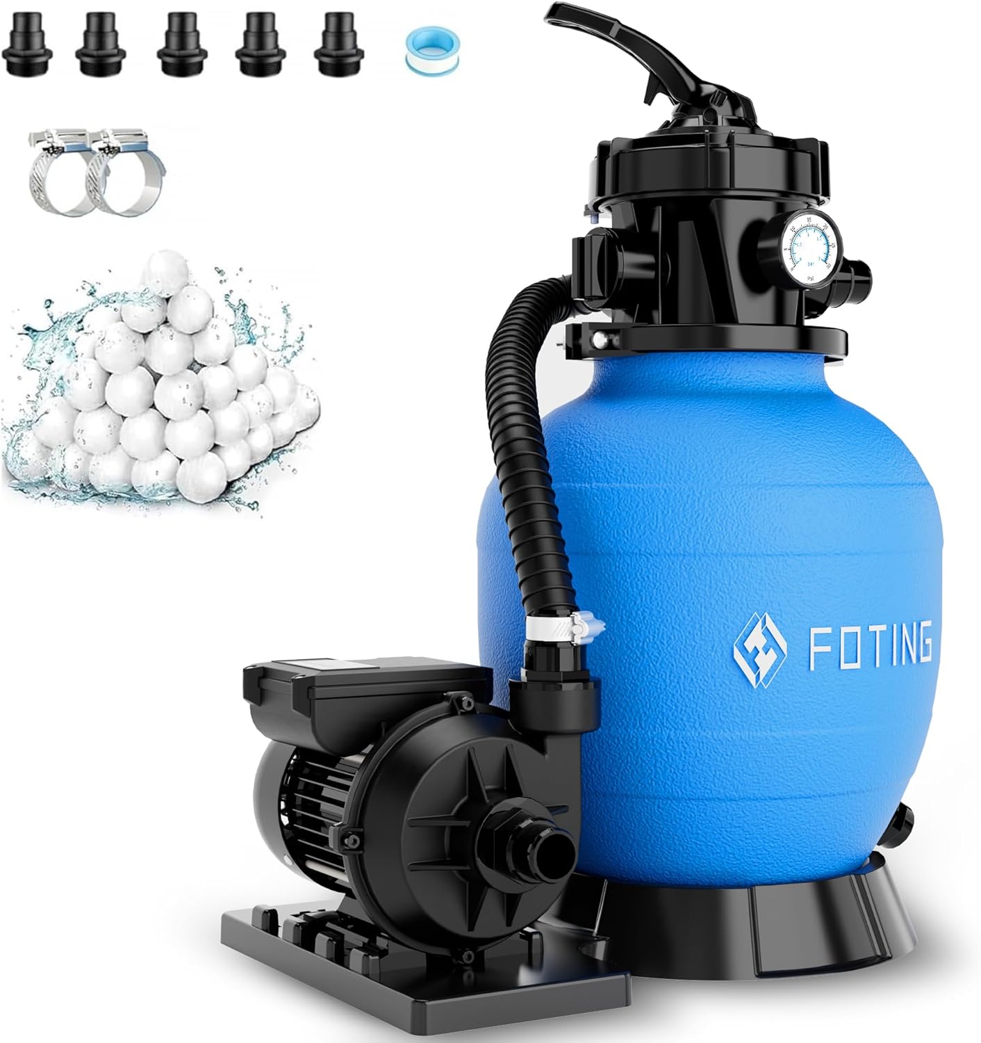 INCL. 200 g de Billes Filtrantes – Système de Filtre à Sable pour Piscine 9 000 L/h – Filtres, FOTING, Adaptateur 2-en-1 Ø32–38 mm