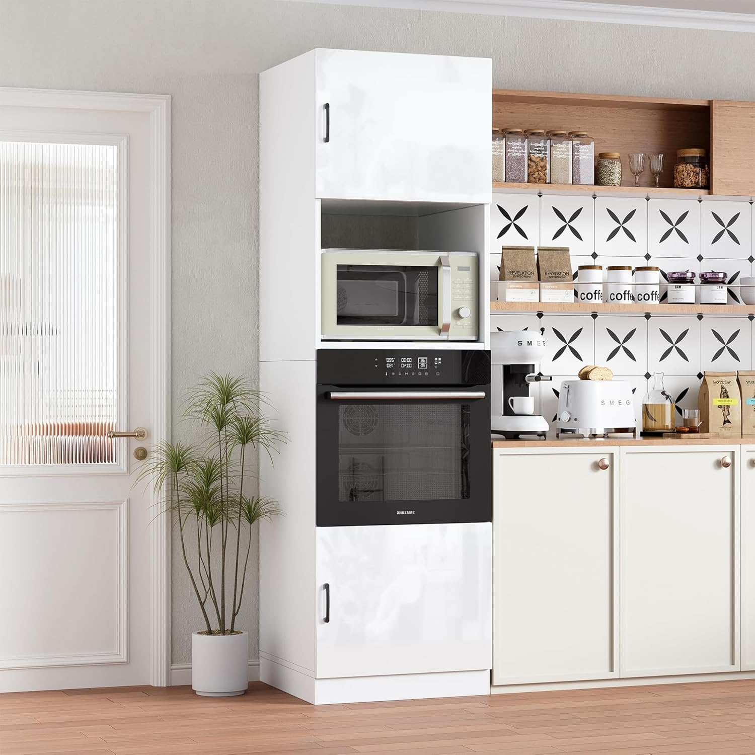 MSFE Colonne four et Micro Onde Encastrable – Armoire de Cuisine avec Étagère, Armoire Micro-ondes 60x57.2x207cm, Blanc Très Brillant