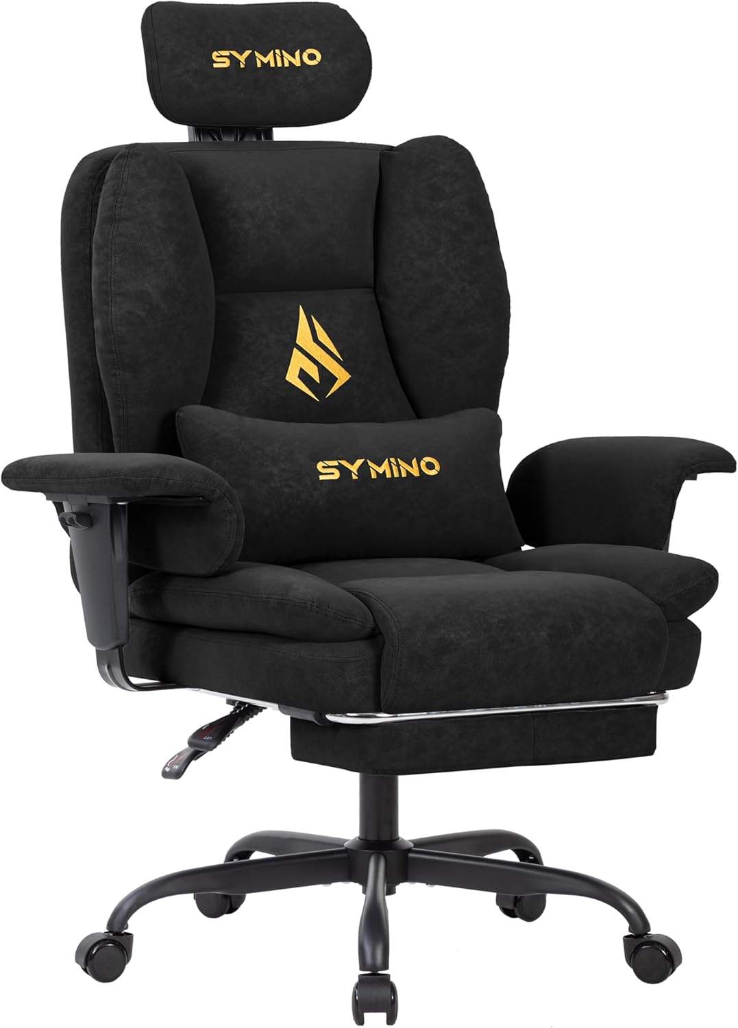 Chaises de Gamer – Symino, PU en Cuir 130kg, Passez du mode travail (90°) à la relaxation (155°) en un geste, Noir/Or