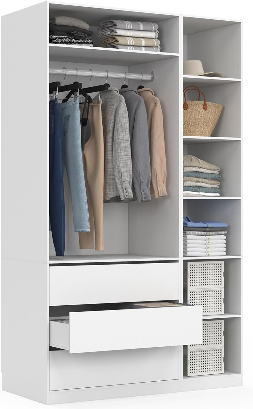 Armoires – IDMarket, Dressing modulable TAYLOR 120 x 55 x 200 cm 2 modules avec penderie + étagères + tiroirs blanc