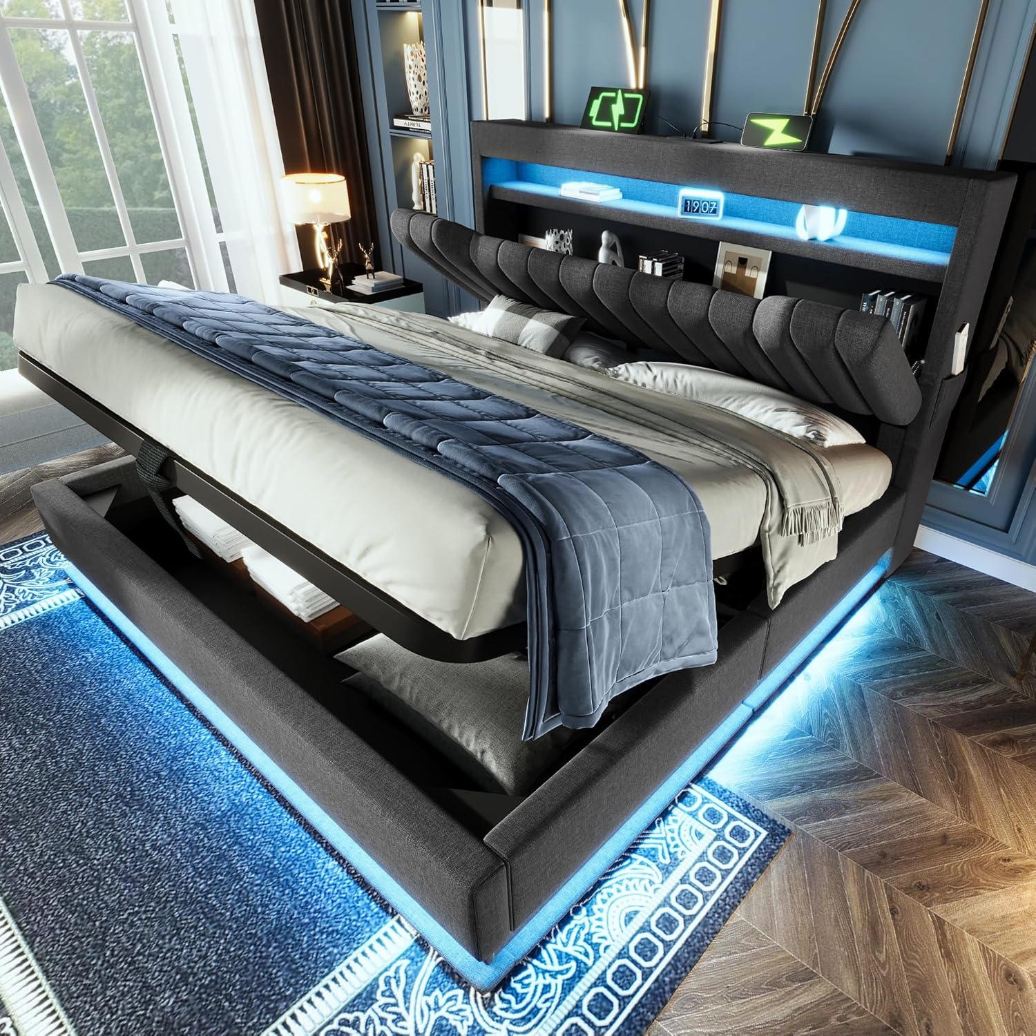 Cadre de lit Double capitonné 160 x 200 cm avec tête Coffre – Lit Coffre 160x200 avec Ports USB et Type-C et éclairage LED – Cadres de lit
