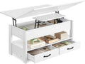 VASAGLE Table Basse – Table de Salon Relevable, Blanc Neige LCT254W02, 2 Tiroirs et 3 Compartiments sous Le Plateau, 1 Compartiment Ouvert, Bureau