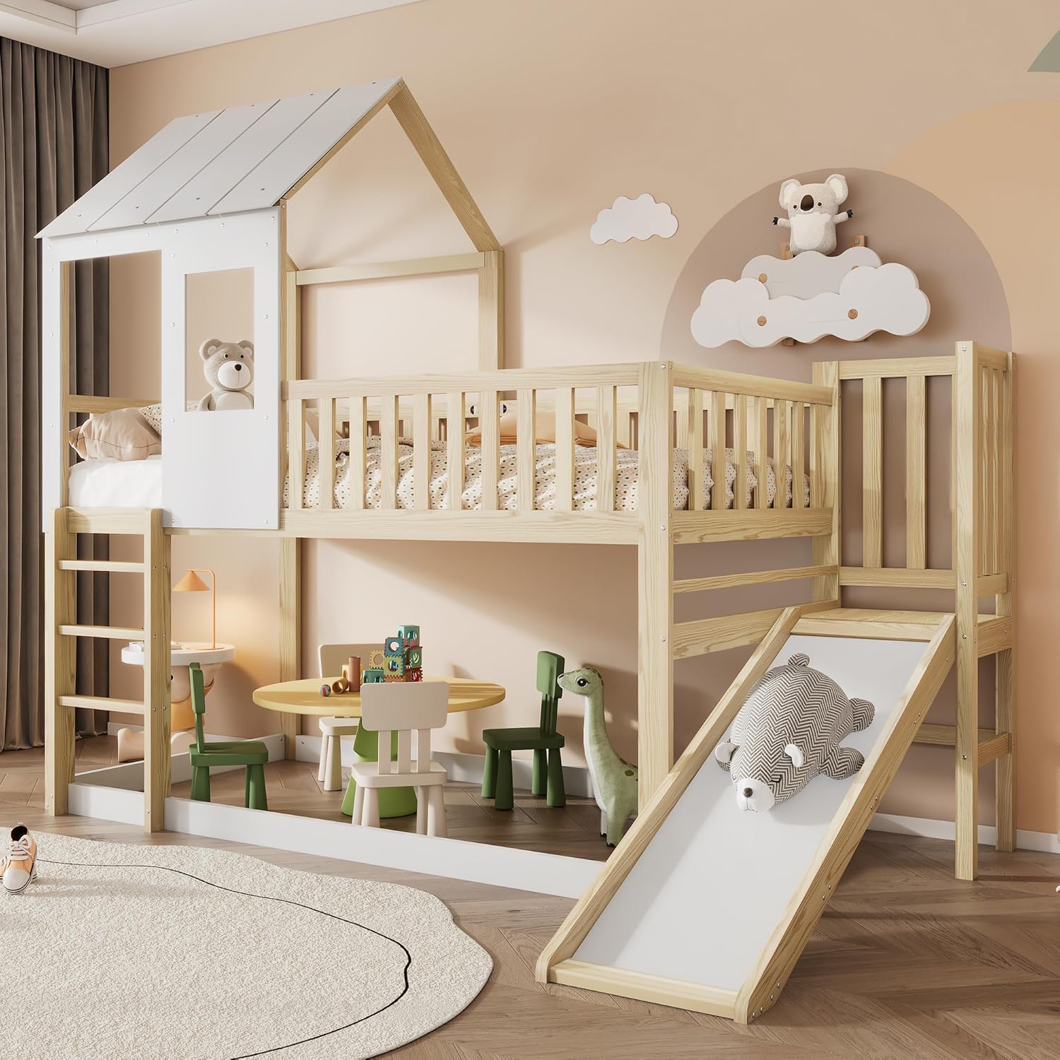 Lit cabane Enfants 90 x 200 – Sapgaks, lit Mezzanine 2 Places, avec échelle à Angle Droit et Toboggan, avec Toit et fenêtre, Naturel Blanc