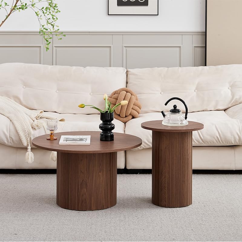 GrandCA HOME Lot de 2 Tables Basses Rondes – Plateau en MDF avec Sommier à Lattes en Bois, Table d'appoint Ronde pour Canapé, Grain de Bois Foncé