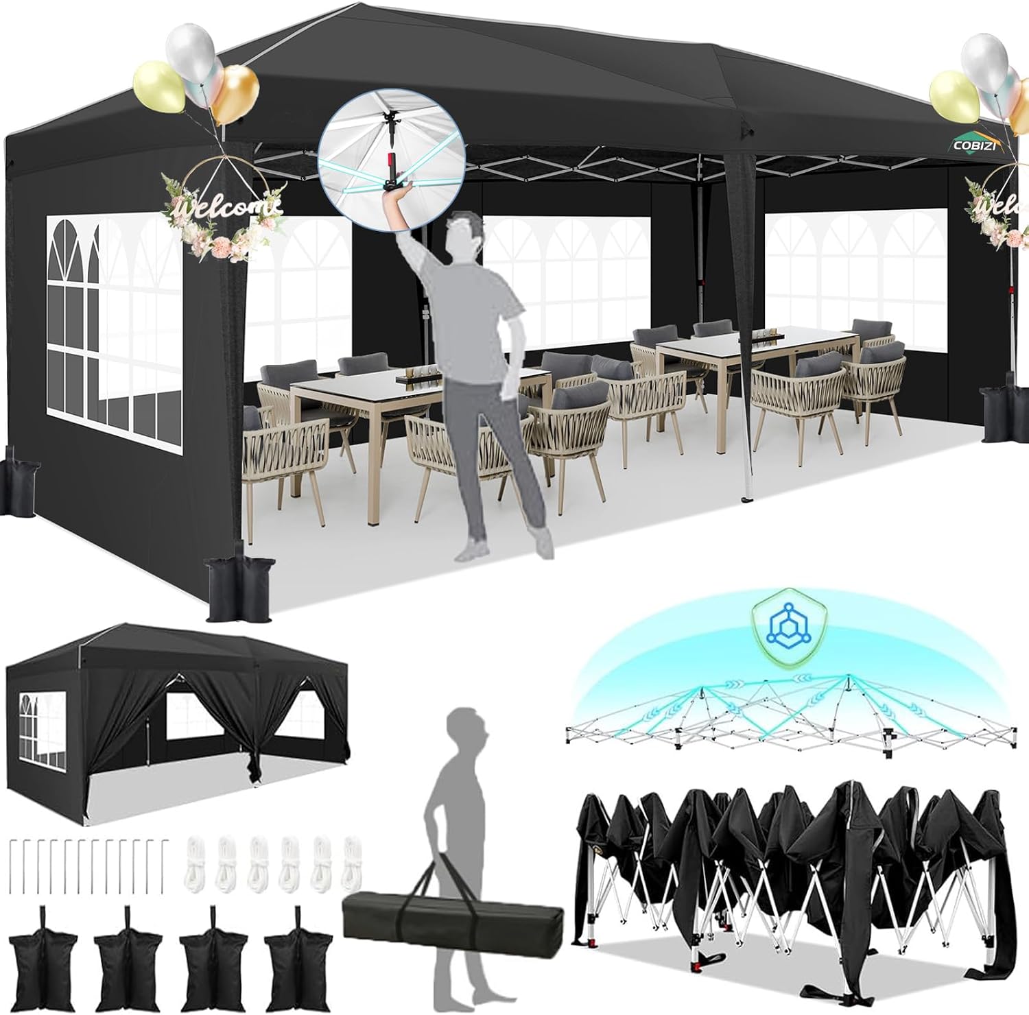 avec 6 parois latérales – Tonnelle imperméable et Stable de 3 x 6 m – 1628, Hoteel, 8 Barres Coupe-Vent, pavillon Pliable, fête