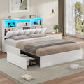 AOGLLATI Lit Coffre 140×190 cm avec Ports USB et éclairage LED – Lit 2 Personnes avec 4 Grands Tiroirs, Tête de lit capitonnée avec Rangement, Blanc