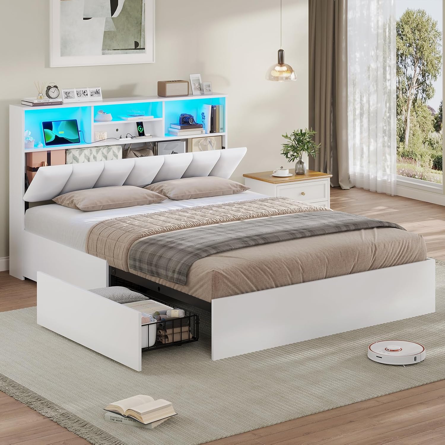 AOGLLATI Lit Coffre 140×190 cm avec Ports USB et éclairage LED – Lit 2 Personnes avec 4 Grands Tiroirs, Tête de lit capitonnée avec Rangement, Blanc