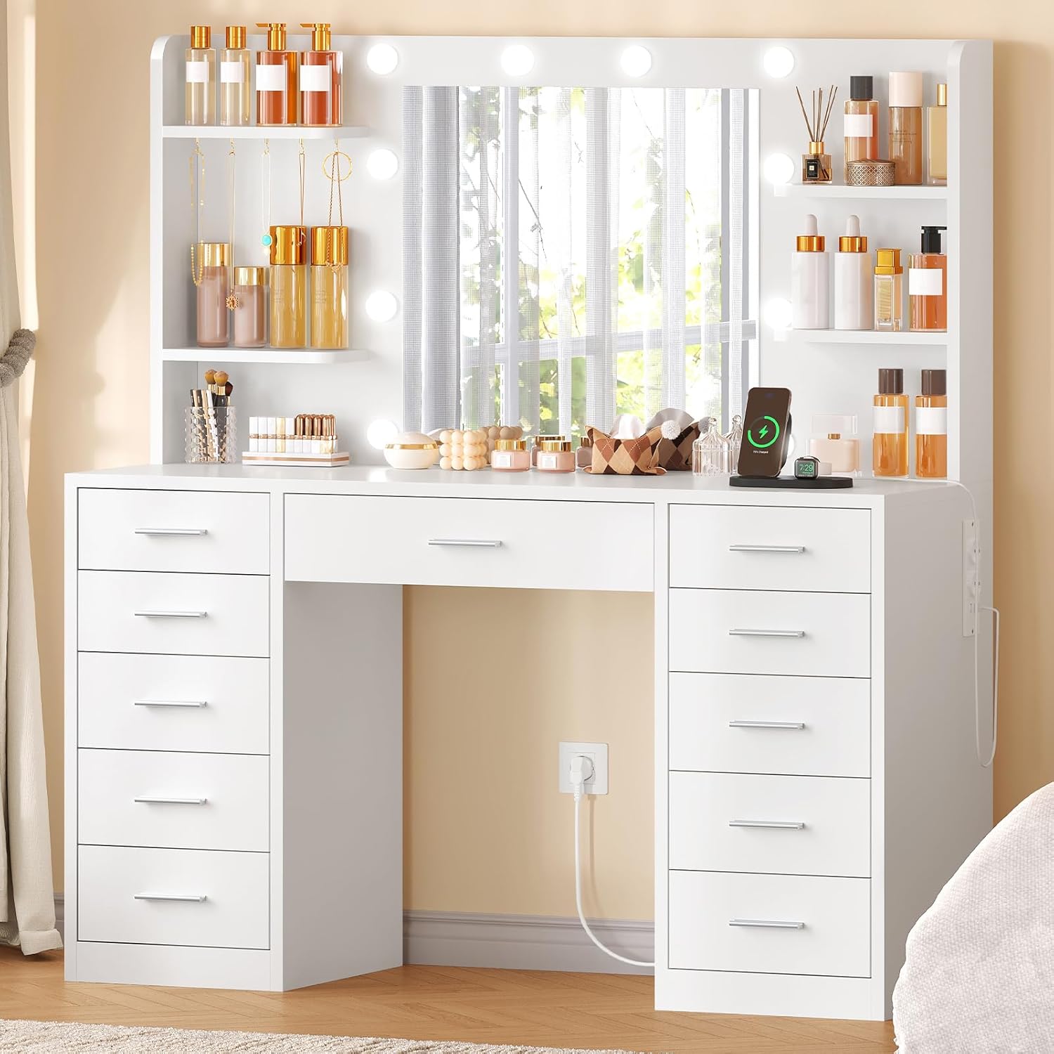 SLINEMO Grande Coiffeuse avec Miroir LED et Prise – 11 Tiroirs + 4 Étagères + 5 Crochets, Blanc