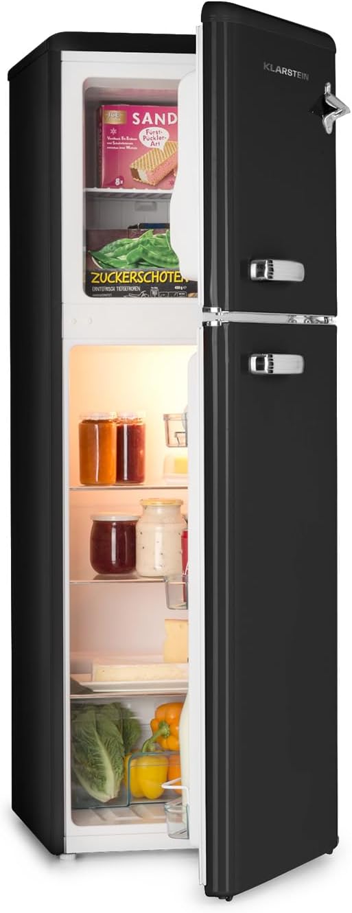 KLARSTEIN Audrey Retro - Réfrigérateur-congélateur combiné rétro – éclairage intérieur, niveau sonore 41 dB, noir, réfrigérateur et congélateur