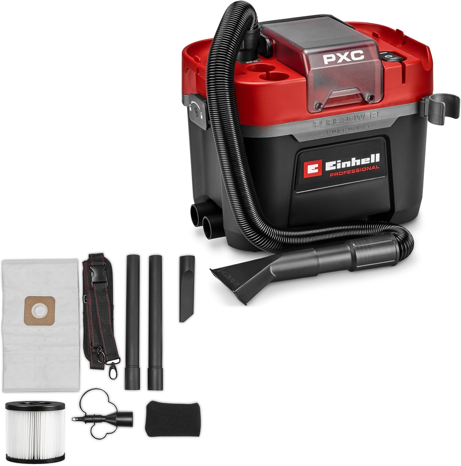 Einhell Professional Aspirateur eaux et poussières sans Fil TP-VC 18/10 Li BL L-Solo Power X-Change (18 – sans Batterie), cuve 10 L, Noir/Rouge