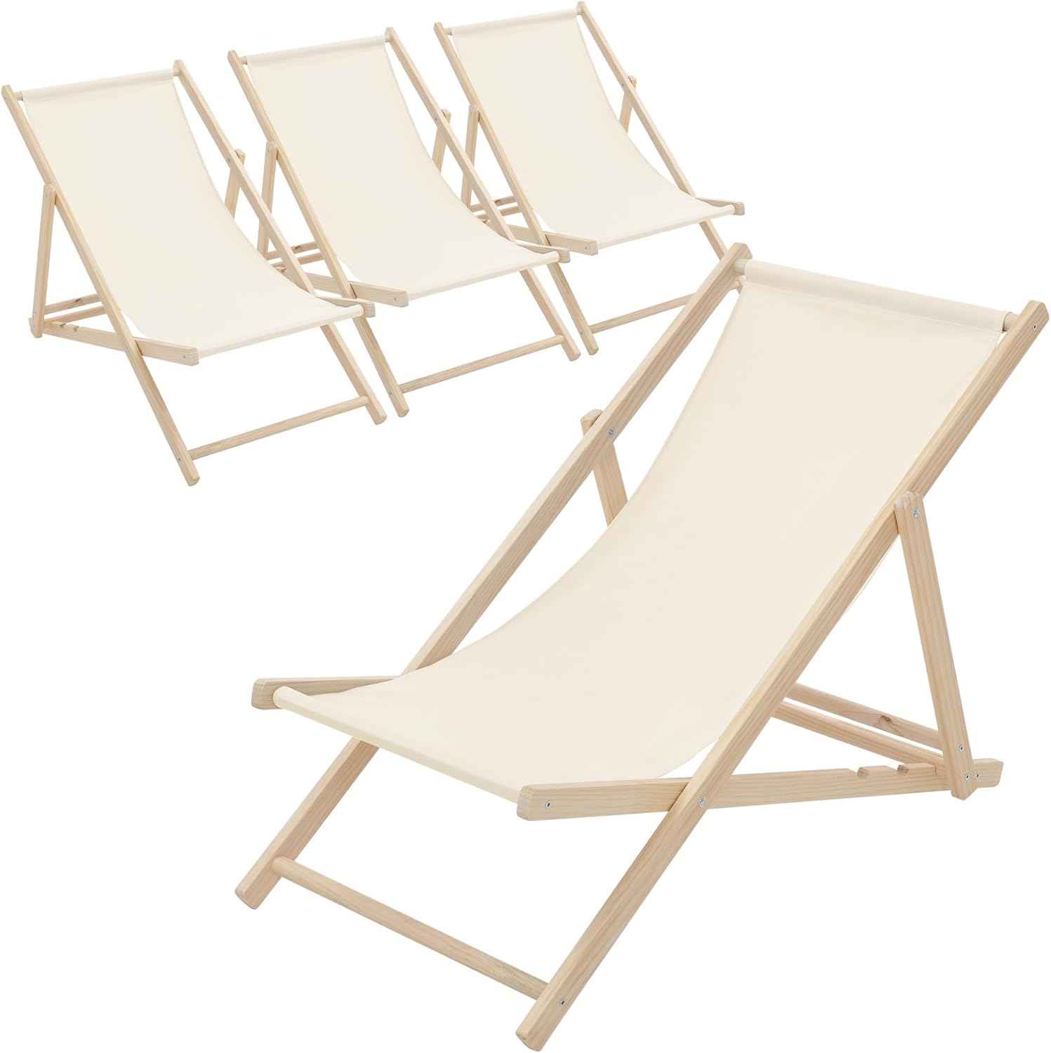 ECD Germany Lot de 4 Chaises Longues Pliantes en Bois Chiliennes – Dossier Réglable, Bain de Soleil en Tissu pour la Plage Jardin Terrasse Camping