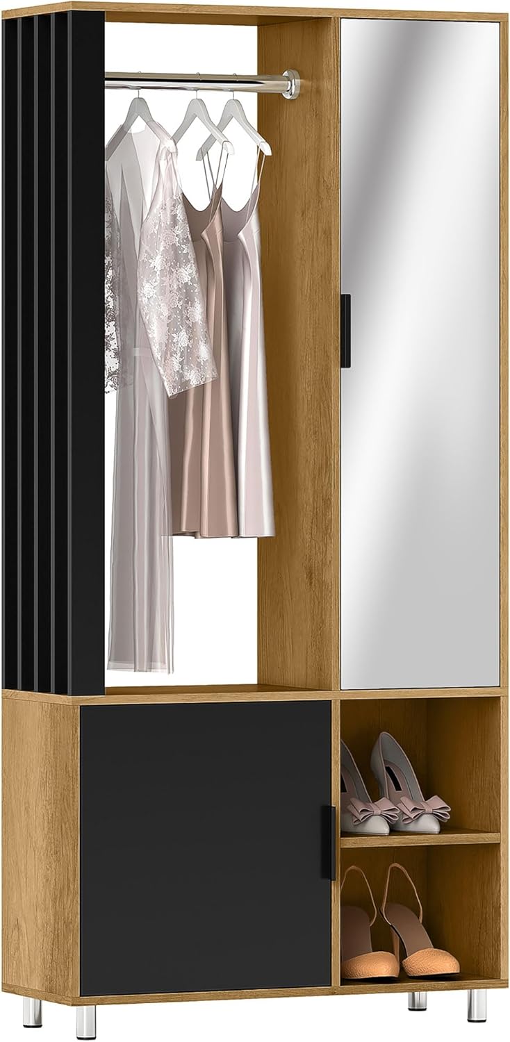 Armoires – HOMCOM, Armoire Chambre penderie Dressing Moderne Armoire de Rangement avec Miroir, 80 x 30 x 170 cm, Bois Naturel