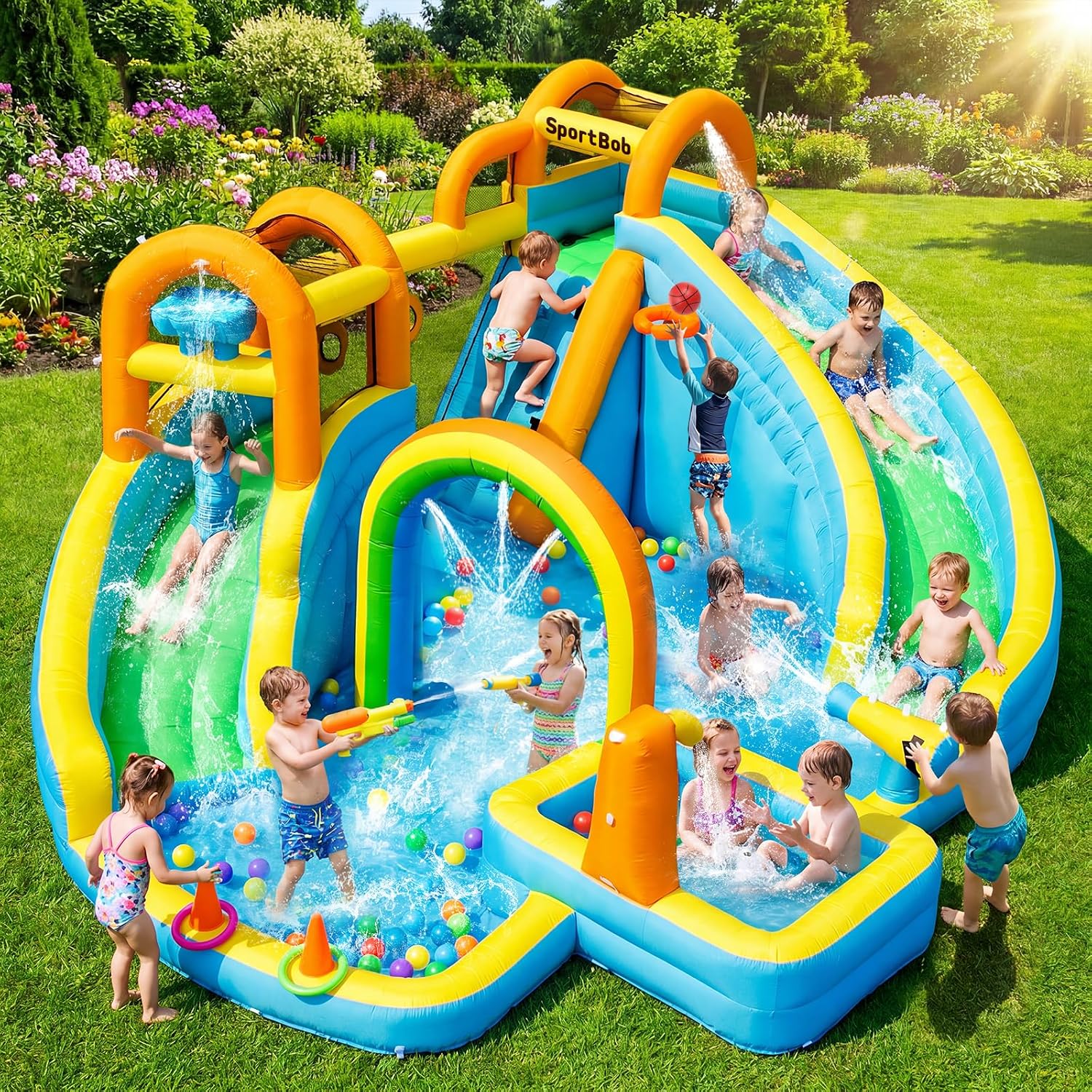 SportBob Chateau Gonflable avec Toboggan Double – Parc Aquatique Gonflable avec Piscine d'Éclaboussures