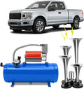 QUIOTUIR Kit De Klaxon 4 Trompettes Air Horn 6 Litres Avec Compresseur D'air 150 Psi Avertisseur Sonore – Bleu/Argent