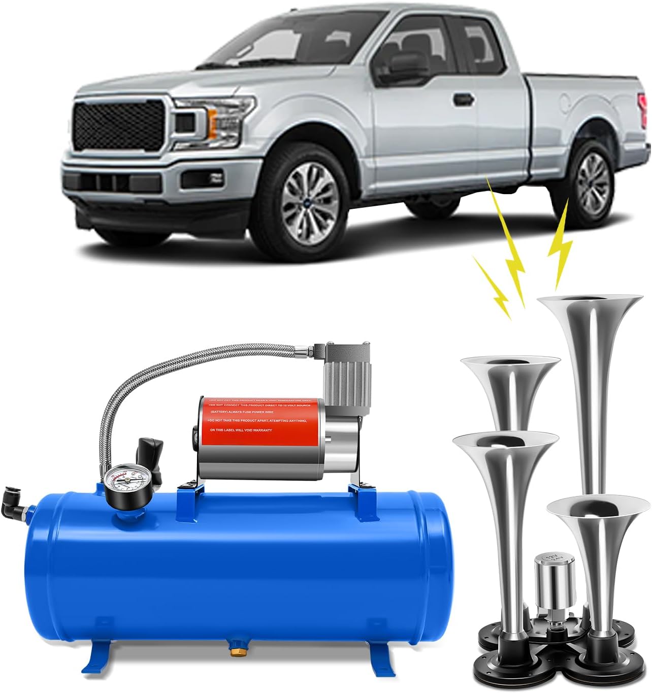 QUIOTUIR Kit De Klaxon 4 Trompettes Air Horn 6 Litres Avec Compresseur D'air 150 Psi Avertisseur Sonore – Bleu/Argent