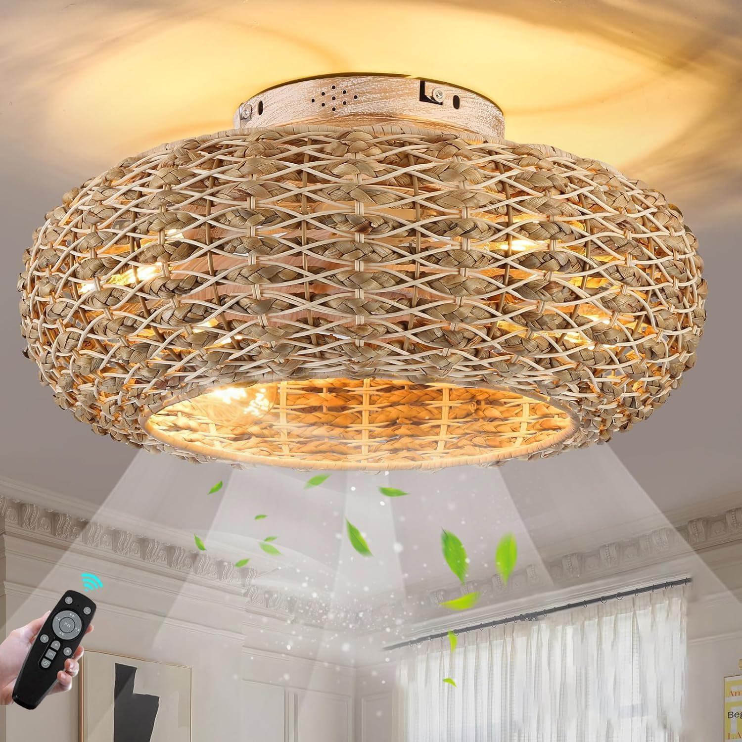 Ventilateurs Plafond Avec lampe silencieux E27 Rétro Fan Plafonnier avec Télécommande et APP – KZT, Beige