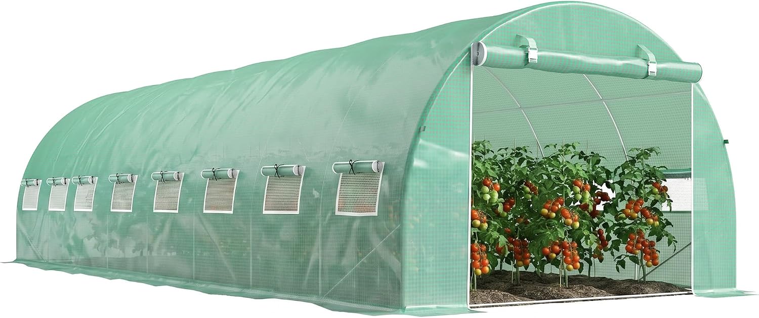 Outsunny Serre de Jardin Tunnel 24m2 8L x 3l x 2H m - 16 fenêtres – Porte zippée Enroulable - châssis Tubulaire Acier galvanisé