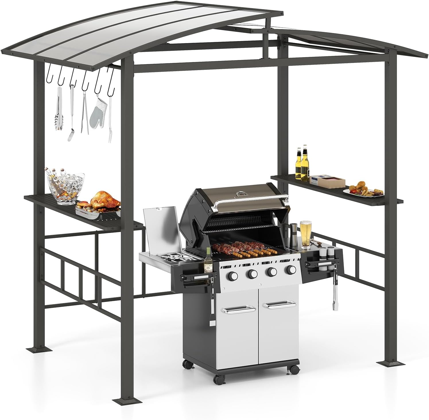 Tonnelles – COSTWAY, Tonnelle de Barbecue Exterieur avec Toit Rigide en PC, Tente de Canopée à Double Niveau pour Jardin Terrasse, Noir/Gris