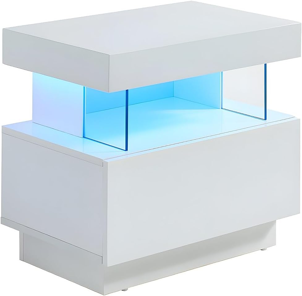 Tables de chevet – Vente-, Vente- - Table de Chevet 1 tiroir et 1 Niche - avec LEDs - MDF - Blanc laqué - Fabio II