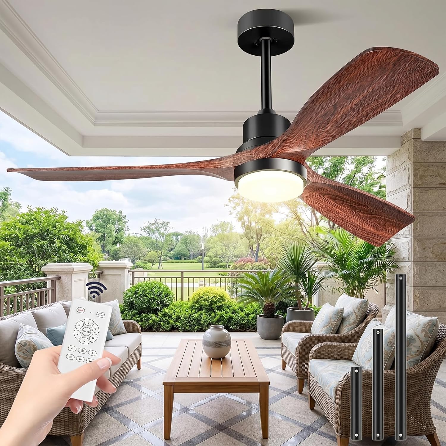 Ventilateur de plafond avec lumière et télécommande – Forrovenco, design moderne pour intérieur extérieur patio ferme, 132 cm, 3 pales bois