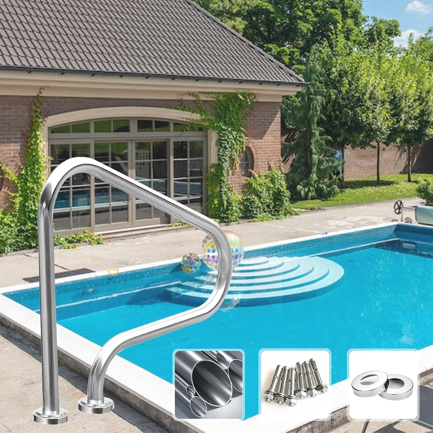 Main Courante de Piscine à 3 courbures – Rampes de piscine, MJMLUCK, 1 pièce, Rampe de Piscine en Acier Inoxydable 304 pour Parcs Aquatiques de Jardin