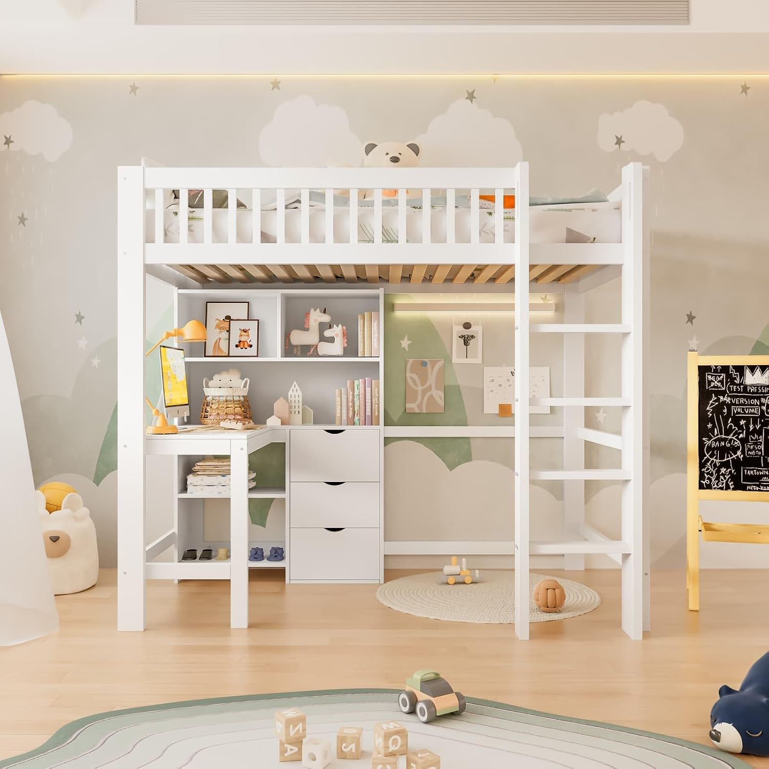 KOMHTOM Lit Mezzanine Multifonctionnel – 3 Tiroirs et Barrières de Sécurité, Lit Superposé en Bois avec Bureau, Blanc