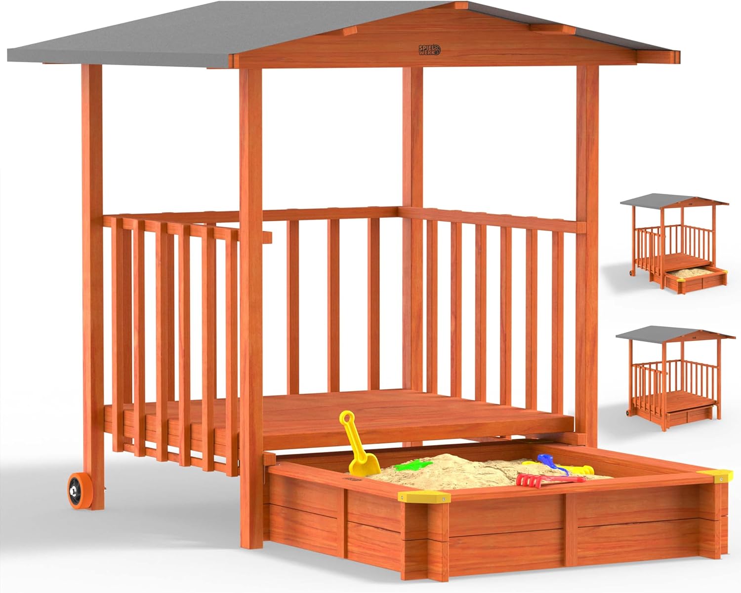 Bac à Sable en Bois Merle 143x130x130cm Aire de Jeux cabane Protection UV 50+ Jeu pour – Spielwerk, Orange/Gris