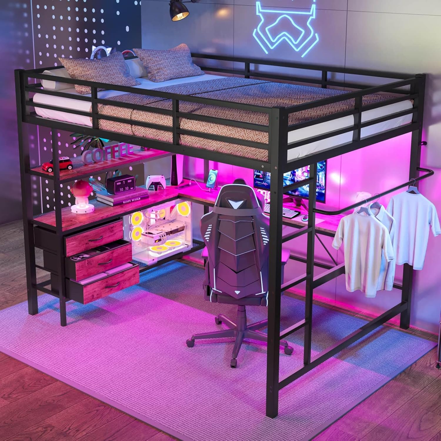 PUGSDRLY Lit Mezzanine 2 Place avec Bureau et Lumière d'ambiance – lit Mezzanine 140x200cm avec 3 Tiroirs, Mezzanine pour Enfant Adolescent Adulte