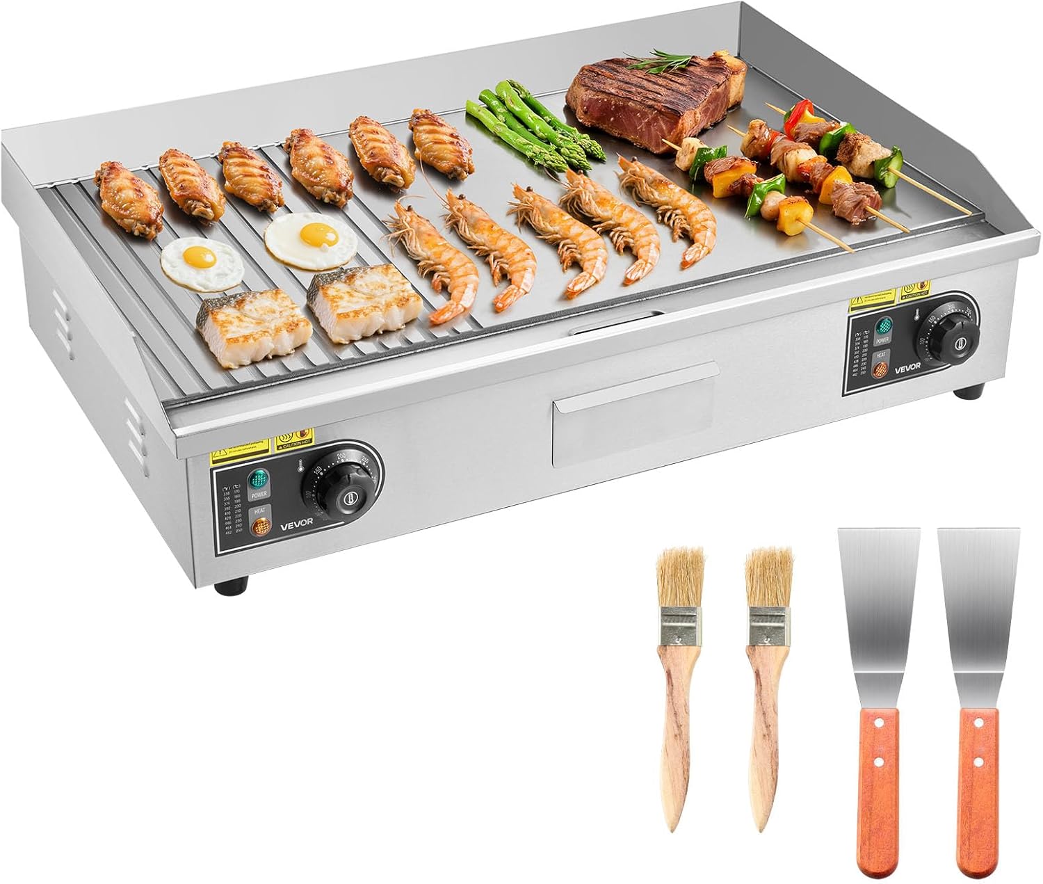 VEVOR Plancha Électrique 72 – 5x40 cm, Température Réglable 50-300 °C, Plaque à Snacker 4400 W, Argent