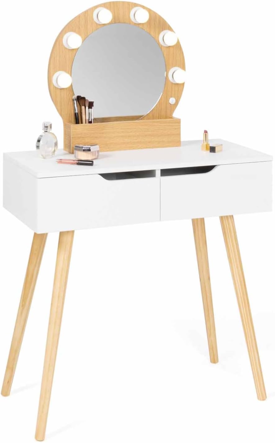 IDMarket Coiffeuse scandinave 2 tiroirs HORIA Bois et Blanc avec Miroir LED – Blanc/Bois