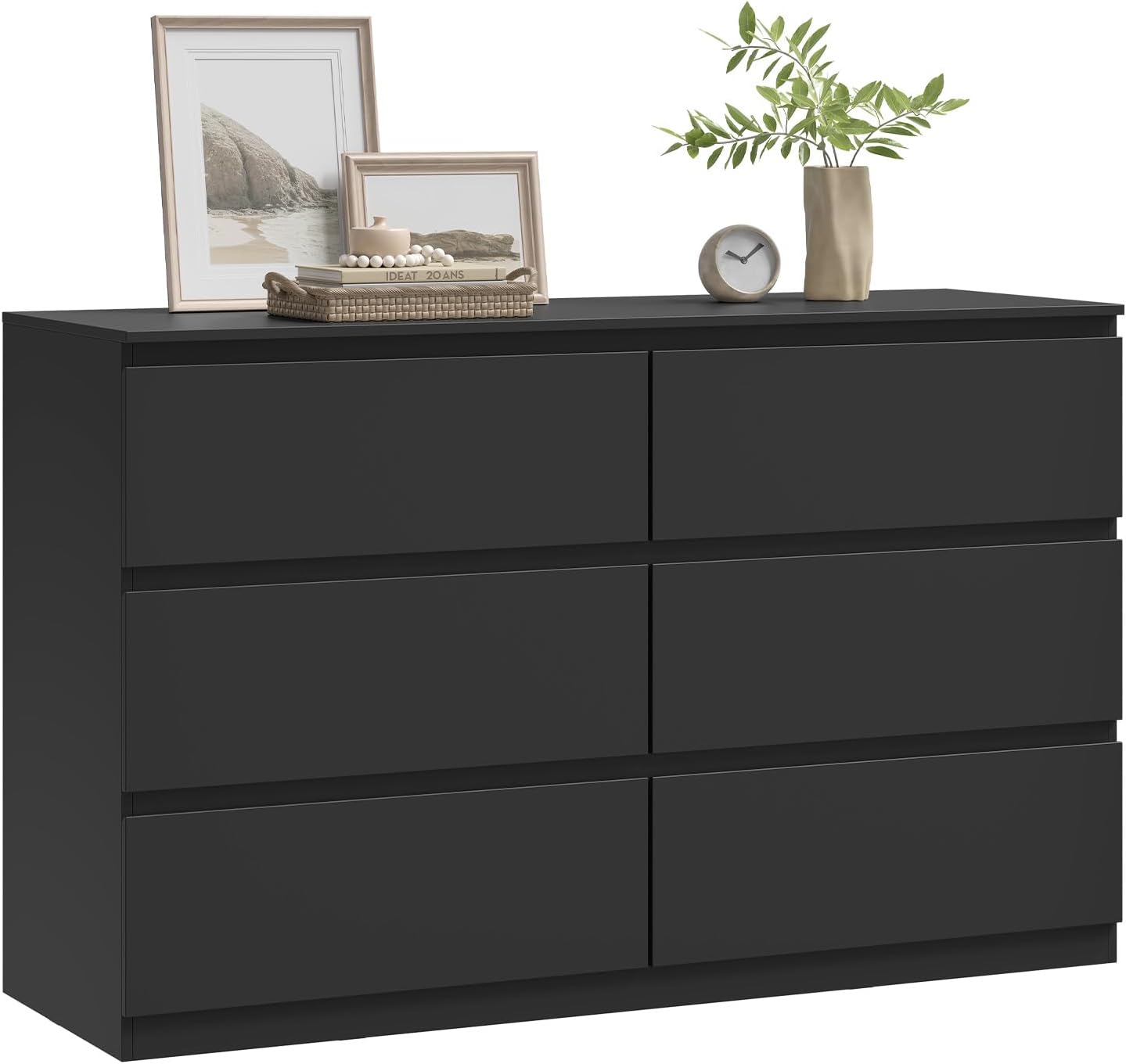 WOLTU Commode Chambre – avec 6 Tiroirs, pour Salon, 120x40x75 cm, en Bois d'Ingénierie, Noir, Meuble de Rangement, Entrée, Style Moderne