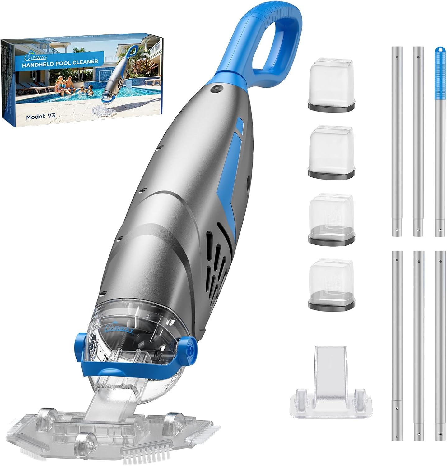 2026 IPX8 Balai Aspirateur Piscine Rechargeable avec 2 Têtes & 4 Sacs Filtrants – V3 Aspirateur Piscine sans Fil – Aspirateurs manuels pour piscine