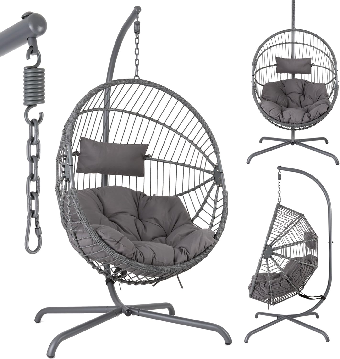 Hauteur Réglable 160–180 cm – Fauteuil Suspendu avec Armature – Sièges suspendus, AREBOS, Cadre en Acier Jusqu'à 130 kg, Gris