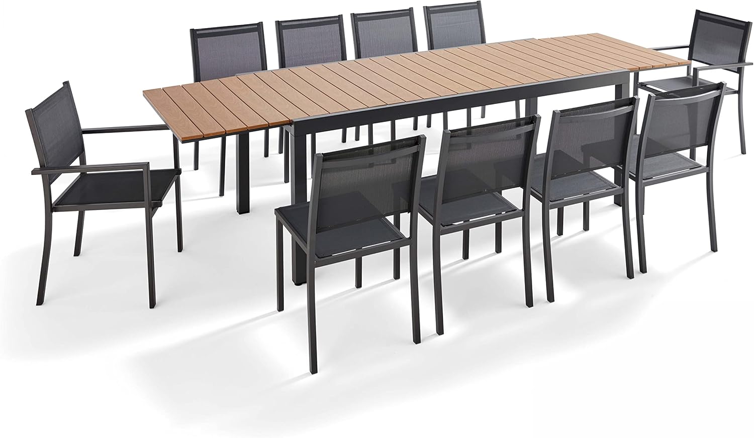 Tables à manger – Oviala, Salon de Jardin 10 Places, 8 chaises et 2 fauteuils en Aluminium, Noir/Marron