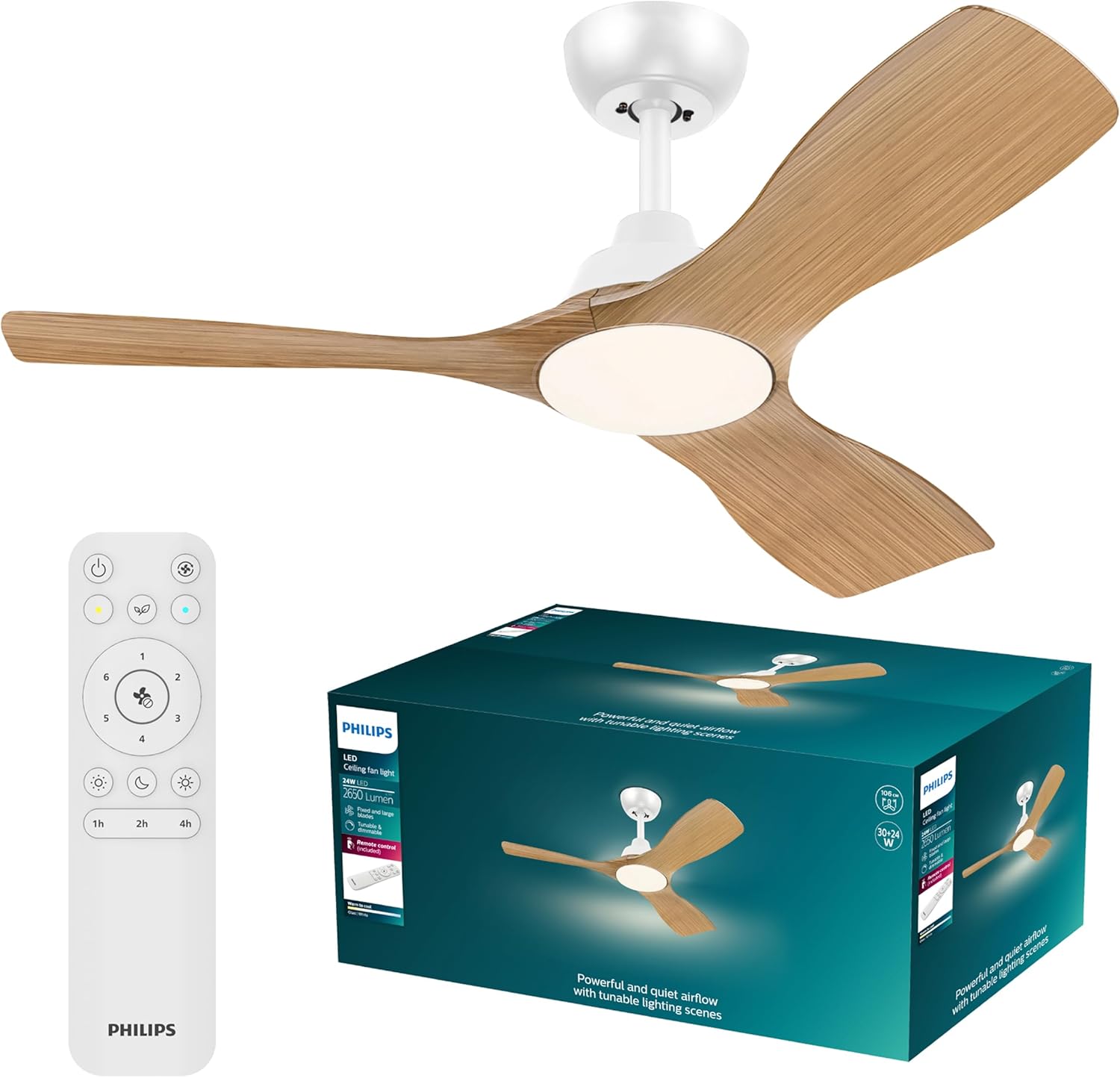 PHILIPS Olas Ventilateur de Plafond avec Lumière LED – 107 cm de Diamètre, Lumière Blanche Réglable de 3000 à 6500 K