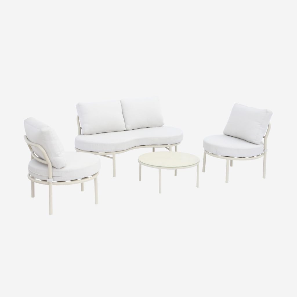 Alice's Garden sweeek - Salon de Jardin Aluminium et Tissu Beige 4 Places. Forme Organique. Table Ronde – Blanc/Beige